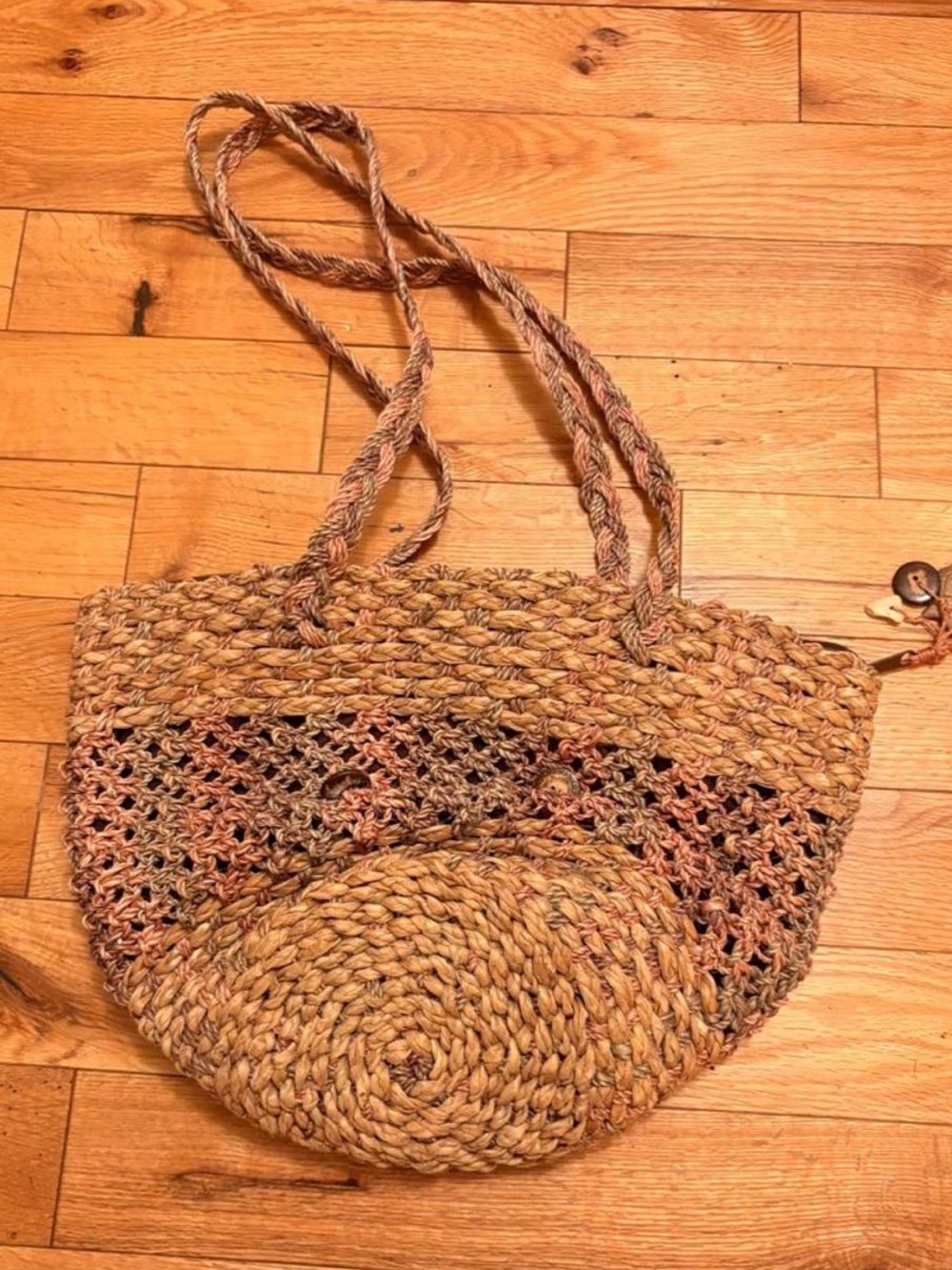 Handwoven Natural Straw Tote Bag in Tan and Pink